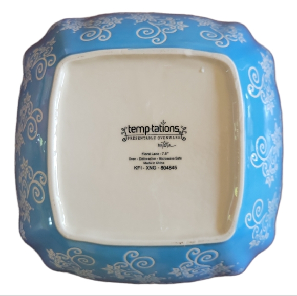 1 Vtg Temp-tations Presentable Floral Lace Ovenware Blue Sq Cereal Soup Bowl QVC - Picture 3 of 4